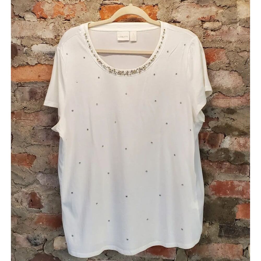 Chicos Womens Embellished T-Shirt Top Size 3 XL 16 White Jeweled Neck